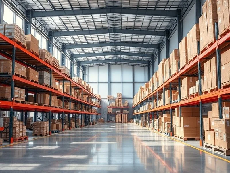 A sleek, modern logistics hub or warehouse interior at night, viewed through a frosted glass window. Autonomous robotic arms are precisely sorting glowing packages on conveyor belts. Emphasize automation, quiet efficiency, and advanced robotics. Style: Dark, reflective surfaces, strong internal lighting contrasting with external darkness, high-tech.